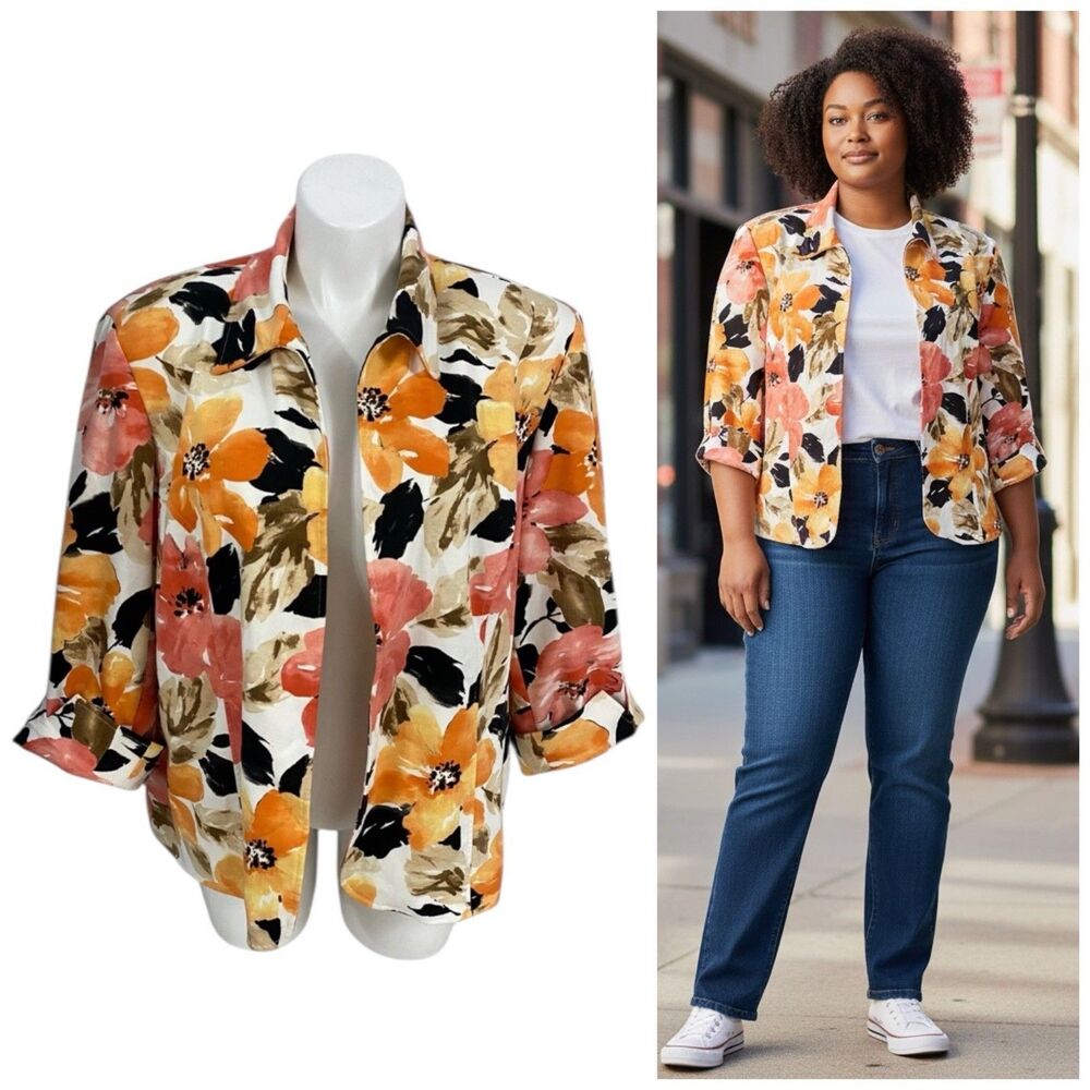 Alfred Dunner Blazer Womens 22W Knit Orange Floral Work Office Casual Church